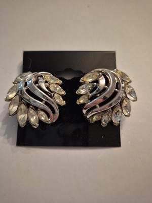 Crown Tiffari Clip Earrings Rhinestone Silver Tone