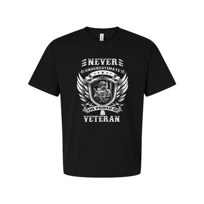 Never Underestimate The Power Of Veteran Graphic Tee With Shield And Wings Desig
