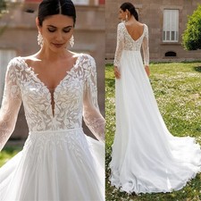 Lace V-Neck Chiffon Wedding Dress Women A-Line Sweep Train Backless Bridal Gowns