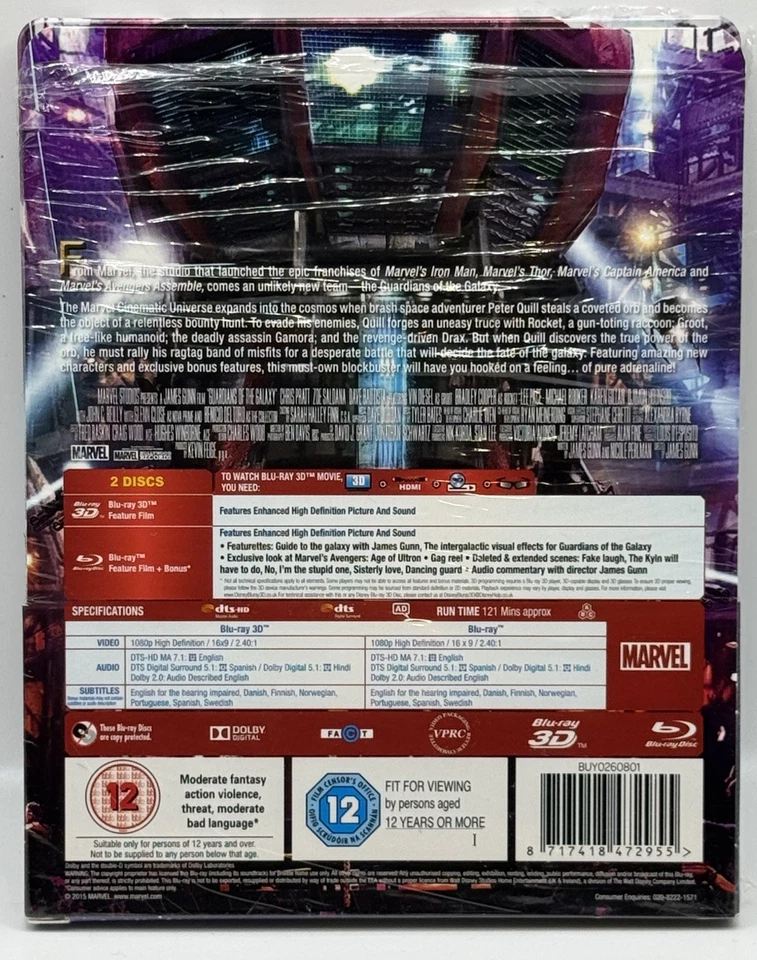 GUARDIANS OF THE GALAXY  UK EXCLUSIVE LENTICULAR 3D + 2D BLU RAY STEELBOOK - NEW - Image 3 of 3