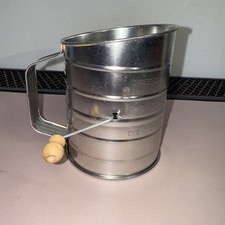 Unused 3-Cup Metal Tin Flour Sifter with Wooden Crank Knob, Silver