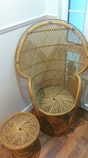 Brown Rattan Wicker Peacock High Back Accent Chair & Stool Set, 2 Piece