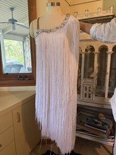Fringe White Ballroom Dress Size Medium / Large Stones Nude Back