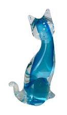 Murano Style Blue Clear Glass Cat Figurine, 8,5”