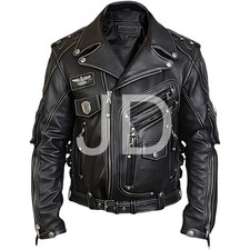 MEN'S GENUINE COWHIDE PREMIUM LEATHER MOTORCYCLE BIKER TOP LEATHER JACKET BLACK