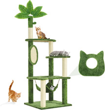 61" Cat Tree for with Green Leaves, Multi-Level Large Cat Tower with Hammock, Pl