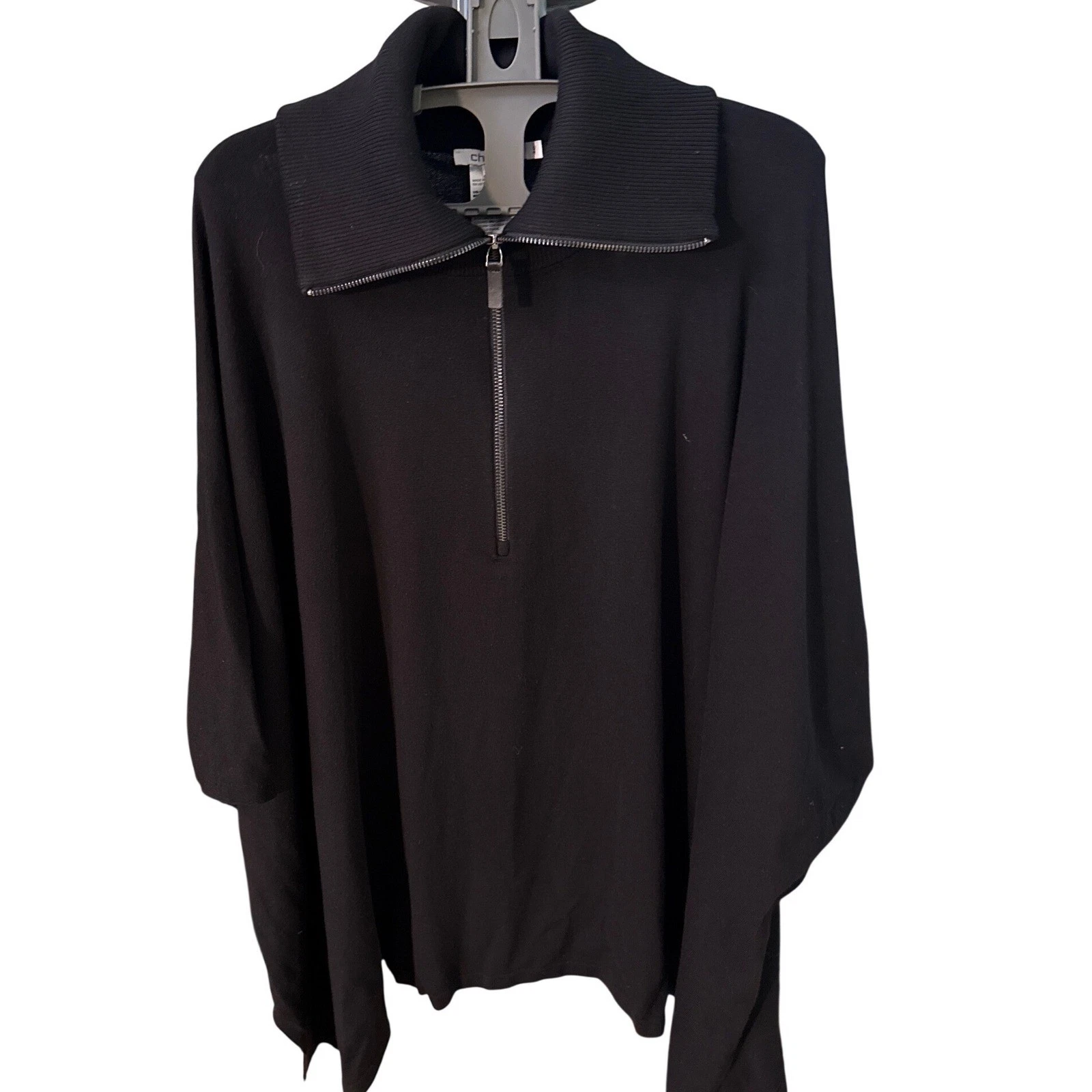 Chicos Black Quarter Zip Poncho Sweater Ribbed Collar Rayon Blend Womens S M