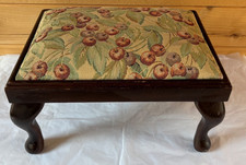 Vintage Wood Footstool Queen Anne- Style Cabriole Legs Needlepoint Fabric