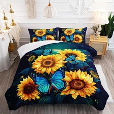 Yellow Sunflower Bedding Blue Butterfly Comforter 3Pcs Full Black Floral Bota...