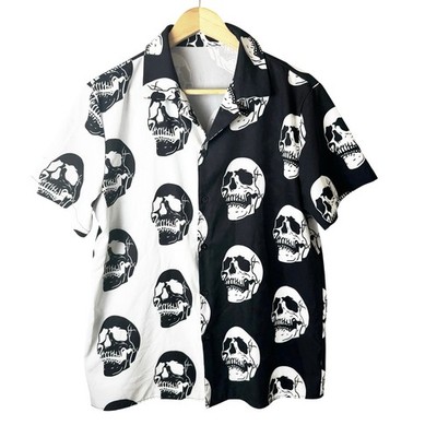 Skull Graphic Button Down Shirt Mens Punk Gothic Skater Band Black