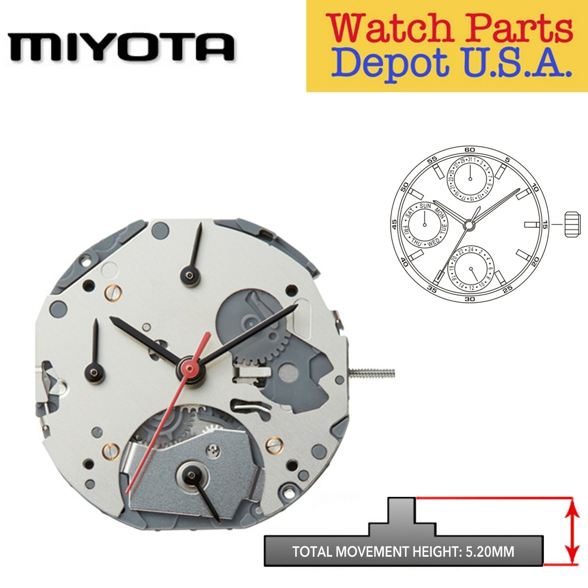 Original Miyota 6P27 Japan Quartz Movement, 3 Hands, 3 Eyes - NEW