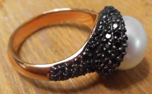 Honora Bronze White Pearl Ring with CZ Stones on Black made in Italy size 10 - Picture 5 of 5