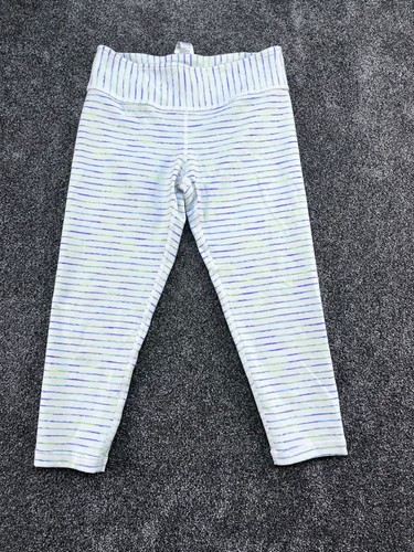 Ivivva Girls Size 14 Cropped Leggings White W/ Blue & Green Stripes Stretchy Wai