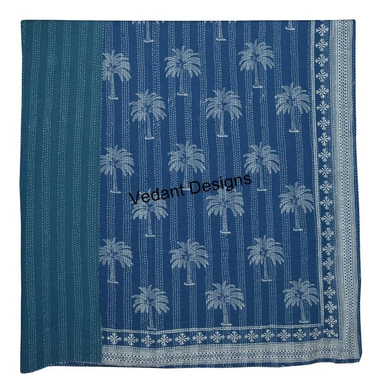 Colcha Kantha azul índigo 100% algodão puro estampa de bloco de mão jaipuri queen size - Imagem 4 de 4