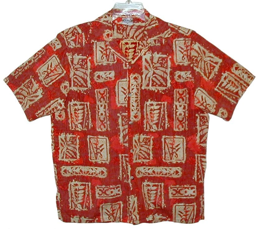 Sz M Vintage GO BAREFOOT Hawaiian Aloha Shirt 100% Cotton Reverse Tribal Sienna
