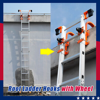 2 Pack Heavy Duty Ladder Roof Hook w/Wheel Rubber Grip T-Bar Ladder Stabilizer