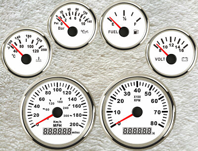 #ad 6 Gauge Set GPS 200MPH 300KM H Speedomter TachoFuel Temp Volt Oil Pressure White $170.99