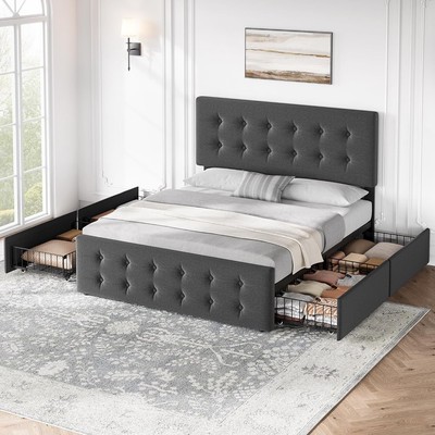  Queen Size Bed Frme with 4 Storge Drwers Grey Queen Size Pltform Bed Frm