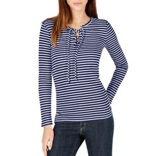 MICHAEL KORS Women's Striped Ribbed Knit Lace-up Casual Shirt Top TEDO