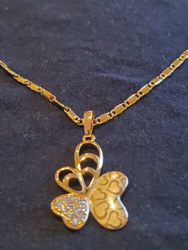 Yellow Gold Plated Butterfly Hearts Crystal Pendant Charm Necklace Holiday Gift - Picture 1 of 7