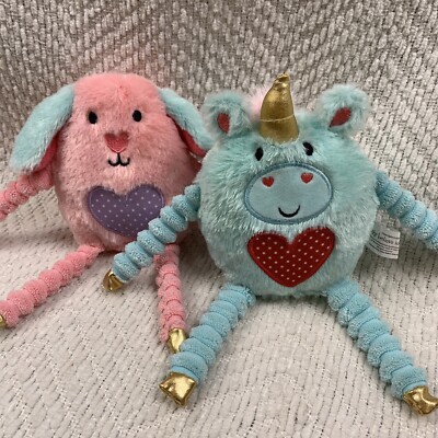Lot Of 2 Make Believe Ideas Pink Valentine Bunny & Blue Green Unicorn Plush Set