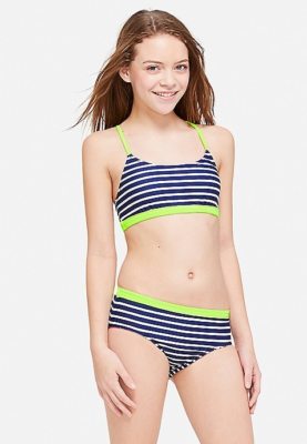 Bikini Fille Justice 2 Pièces Taille 6 – Bleu, Vert Et Marine à Rayures Avec Détail Gemme – Neuf Avec étiquette