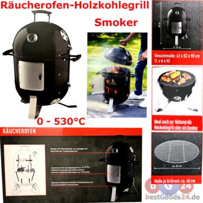 GRILL MEISTER 3in1 Räucherofen BBQ Smoker Kugelgrill Grilltonne mit Thermometer