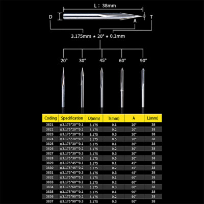 Carbide 3.175mm Shank 2Flute Engraving Bits CNC Router Tool V