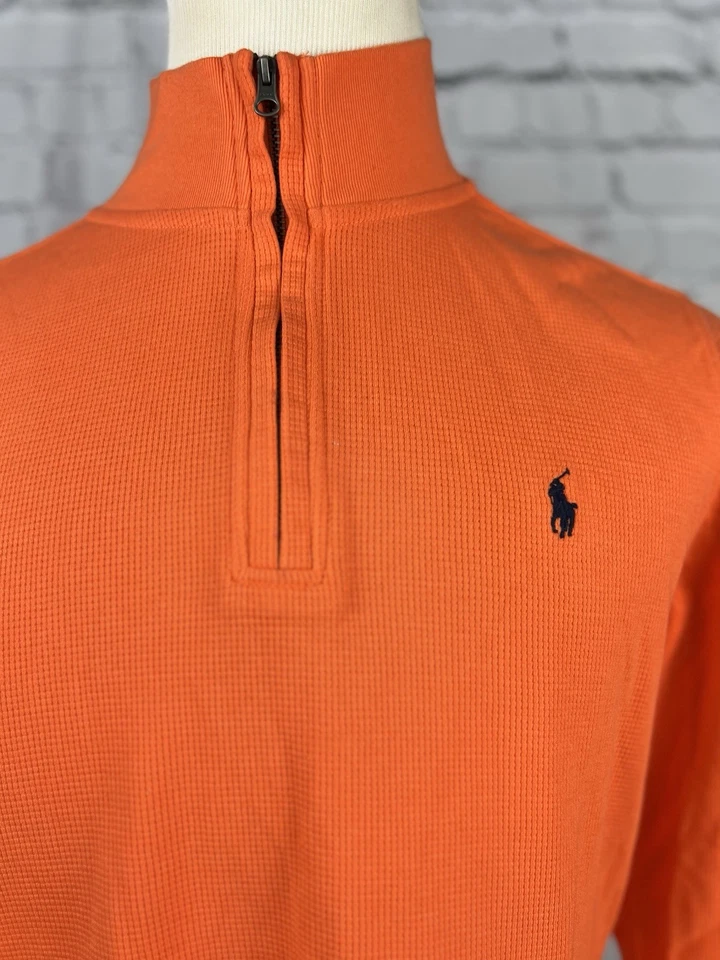 Suéter Polo Ralph Lauren 1/4 Cremallera Tejido Hombres XL 18-20 Naranja 100% Algodón Logo Foto 4 de 4