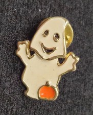 Vintage Cute Little Gold Tone White Enamel Halloween Ghost W/ Pumpkin Lapel Pin