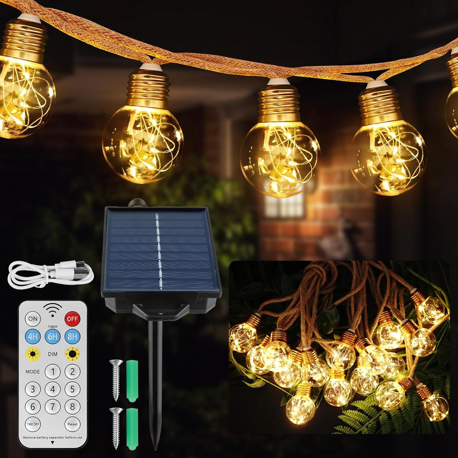 Solar String Lights Outdoor, 8M LED Garden Fairy Lights with Remote, IP65 Waterp