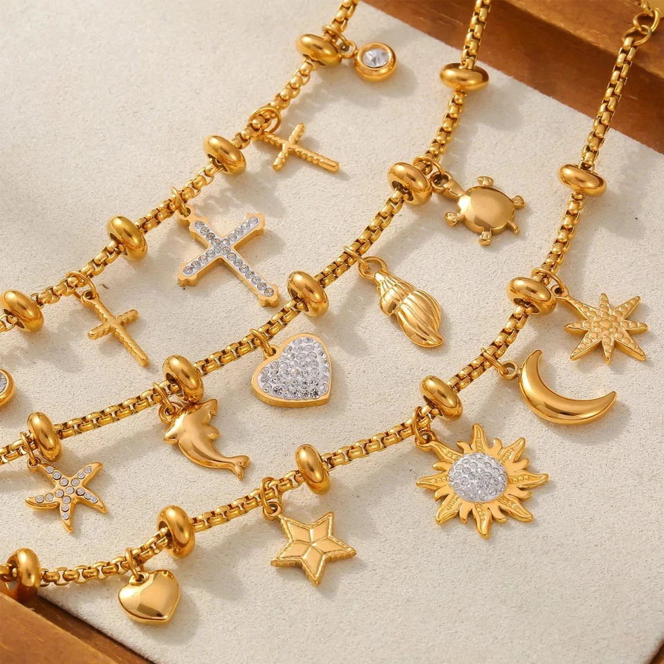 Liora Herz Mond Stern Tropfen Anhänger Damen Edelstahl Armbänder Zirkon - Bild 3 von 4