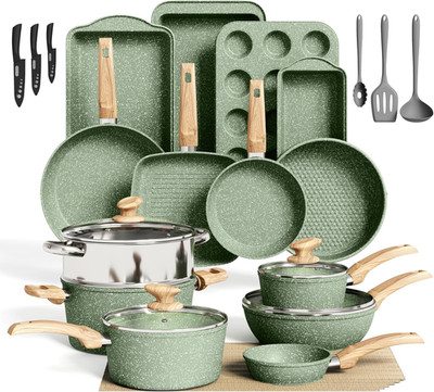 30 Piece Nonstick Granite Cookware Set with Frying Pans and Utensils