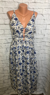Caroline Constas Floral Midi Dress Size L Blue White Sleeveless w/ Pockets Beach