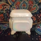 vintage Westmoreland milk glass trinket box with a beaded design.