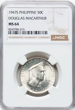 1947 S - Philippines Douglas MacArthur-50 Fifty Centavos-NGC MS64-Blast White