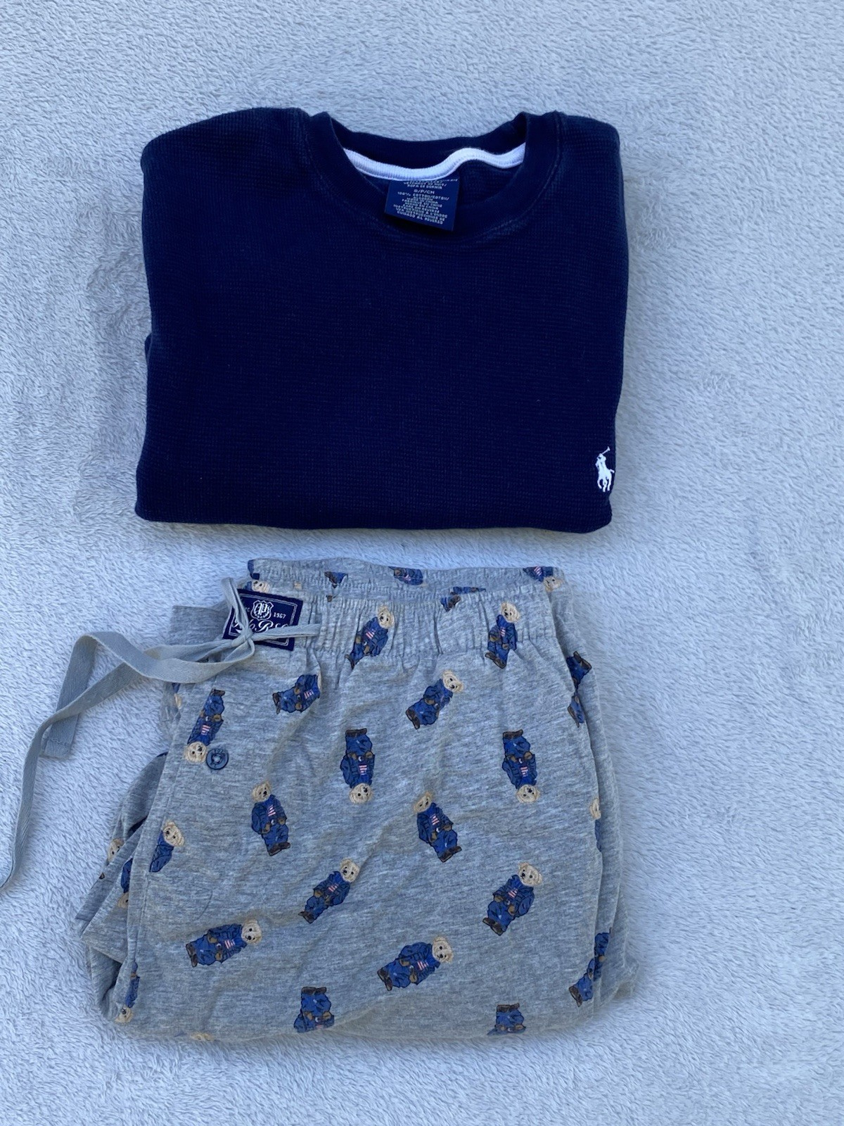 Mens Polo Ralph Lauren Bear Pajama Pants Navy Gray Waffle Knit Top Sleepwear S/M thumbnail 16