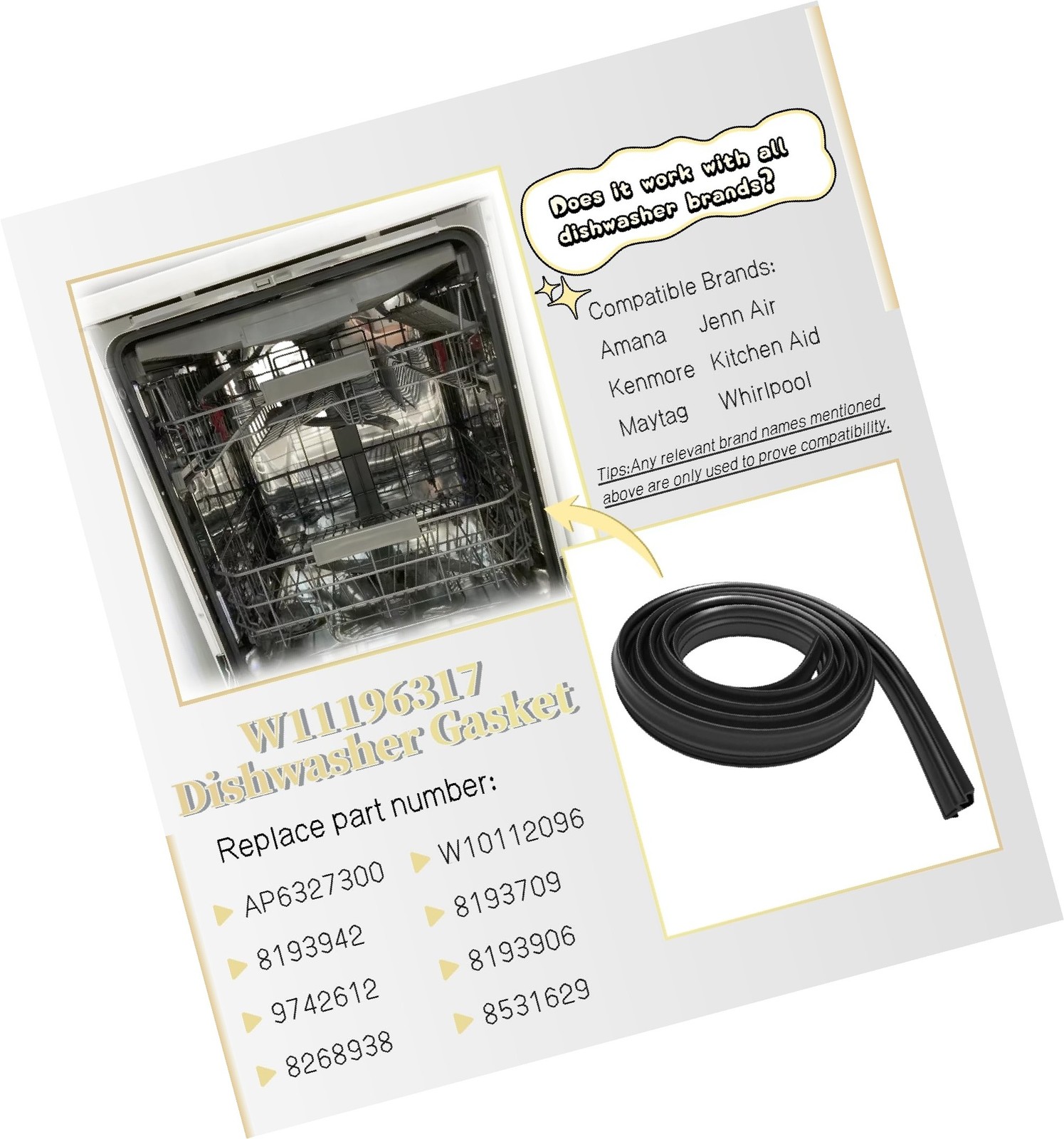 savone Dishwasher Door Gasket Seal W11196317 Gasket for Whirlpool Kenmore May...