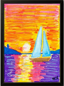 Sailboat Sunset Boat Colorful Signed Mixed Media Art Painting 5x7 Canvas OOAK