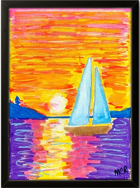 Sailboat Sunset Boat Colorful Signed Mixed Media Art Painting 5x7 Canvas OOAK