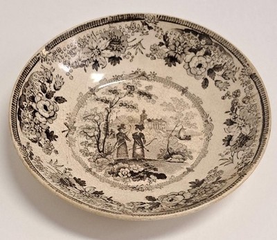 Antique Brown Transferware Staffordshire Bowl Woman Archers Archery Bows Arrows