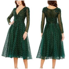 Mac Duggal NWT Embellished Long Sleeve Wrap Over Dress Emerald Green Size 14