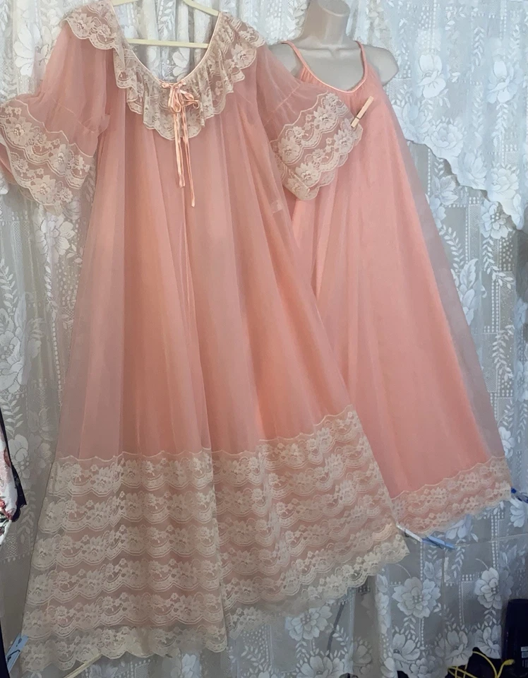 Vtg ML+Tall INTIME Peach Db Sheer Chiffon PRINCESS Peignoir Robe Nightgown SET - Image 4 of 4