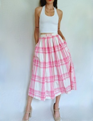 1980s Pink Plaid Midi Skirt with Pockets: Vintage Esprit, Women's XS