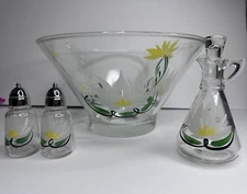 Vintage Hazel Atlas Gay Fad Hand Painted Salad Bowl Set Lotus Flower MCM Home