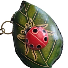 Ladybug Leather Wristlet Wallet Change Coin Purse Zip Charm Flower Garden Bug