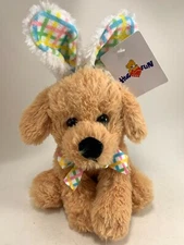 NWT HUG FUN PLUSH PUPPY LIGHT TAN WITH PASTEL CHECKED BOW AND BUNNY EARS 10"