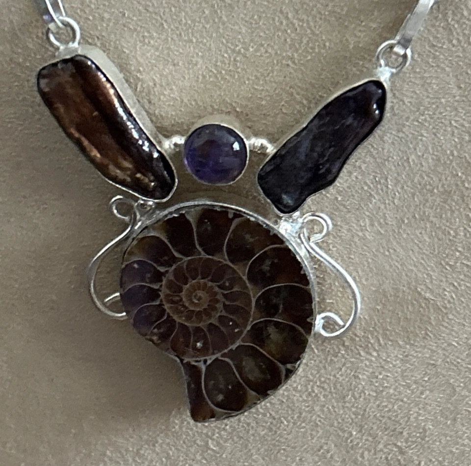 Artisan silver ammonite pearl tiger eye Chain necklace - Image 4 of 4