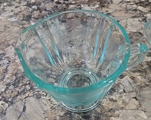 Vintage Kitchen Federal Glass Turquoise Teal Sugar & Creamer Madrid Pattern - Picture 5 of 11