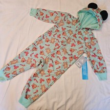 Disney Mickey Holiday Gingerbread Hooded Romper One Piece Pajamas Kids Sz 2 NWT